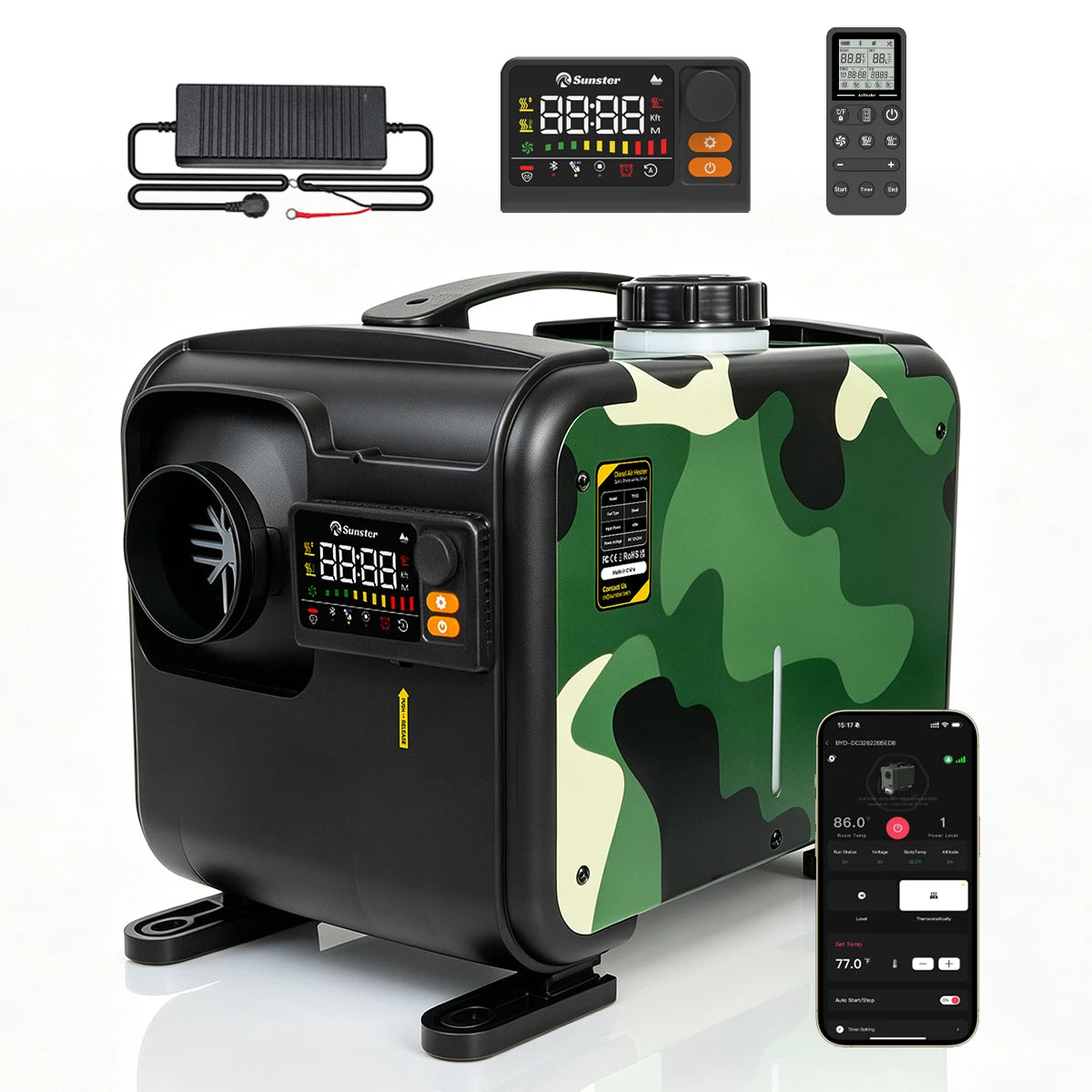 Sunster Portable Camo Diesel Air Heater 8KW with Handle 12/24V 110-240V All in One Smart Heater 35dB Quiet Fast Heat No Cold Air CO Monitor Kit for Motorhome Trailer Pickup Camping