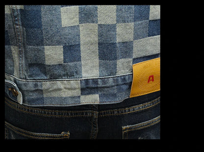 2025 Autumn Vintage Checkered Denim Jacket for Men Flip Collar Single Breasted Casual Business Jacket Social Street Wear Jeans