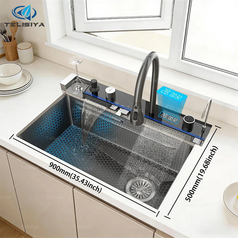 Household Waterfall Digital Display Kitchen Sink Stainless Steel Multifunction Wash Dish and Vegetables Basin Large Single Slot