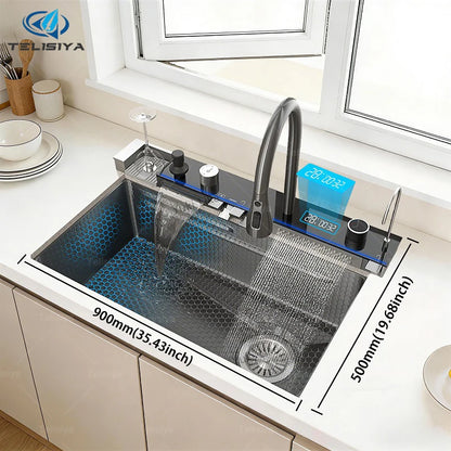 Household Waterfall Digital Display Kitchen Sink Stainless Steel Multifunction Wash Dish and Vegetables Basin Large Single Slot
