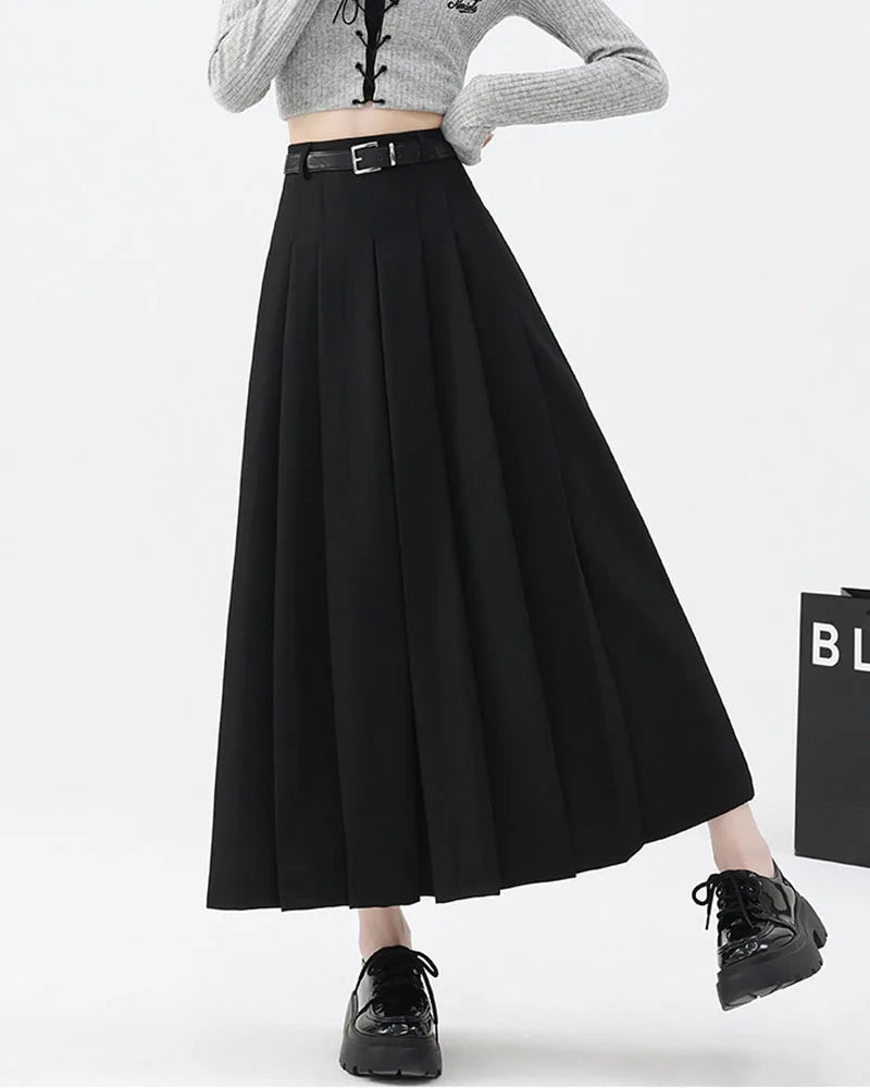 2026 New Women's Pleated Maxi Skirts Autumn High Waisted Zipper Jk Long Skirt Woman Elegant Loose Design Big Swing A-Line Skirts