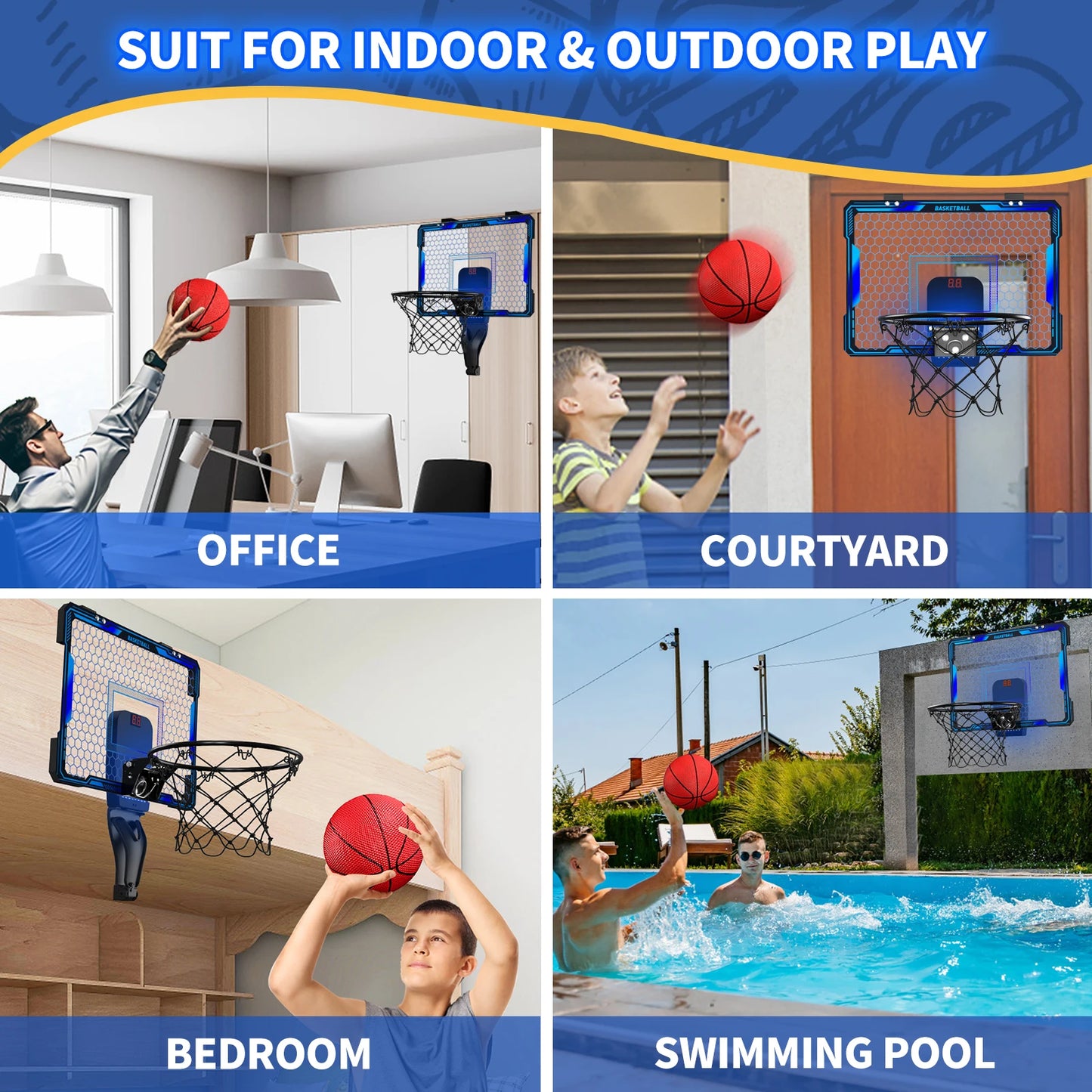 Basketball Hoop Indoor, Mini Basketball Hoop with 7 LED Lighting, Scoreboard, Over Door Basketball Hoop with 3 Modes, Volume Adjustable, Foldable, Basketball Toys for Kids,Birthday Halloween Christmas Gift