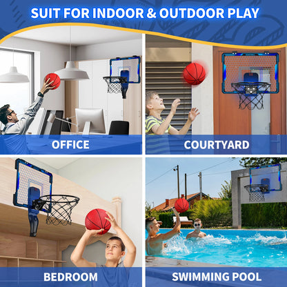 Basketball Hoop Indoor, Mini Basketball Hoop with 7 LED Lighting, Scoreboard, Over Door Basketball Hoop with 3 Modes, Volume Adjustable, Foldable, Basketball Toys for Kids,Birthday Halloween Christmas Gift