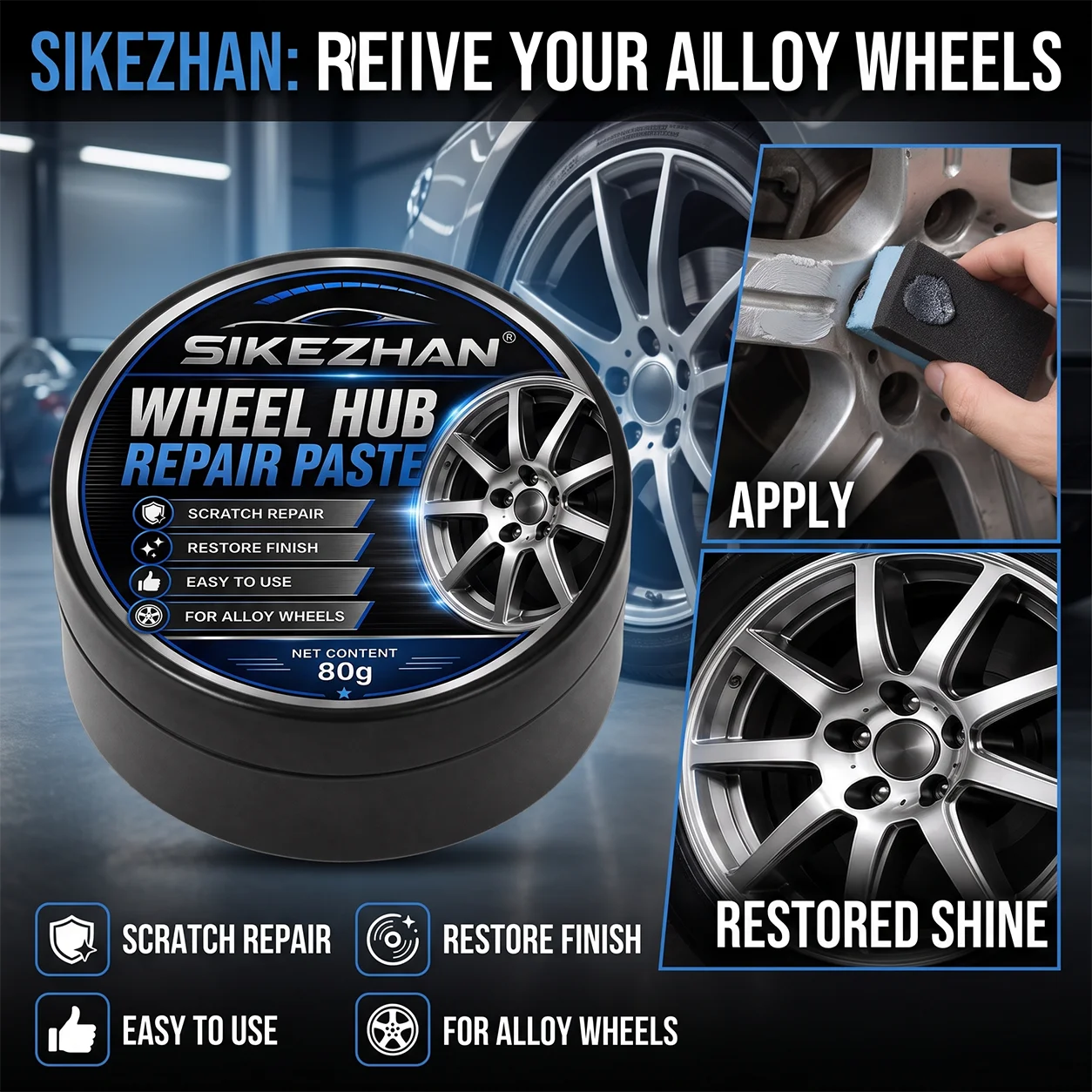 Car Wheel Hub Repair Paste, Scratch & Oxidation Remover, Color Restorer & Polish Wax Cleaner for Alloy Chrome Rims & Tires (80g)