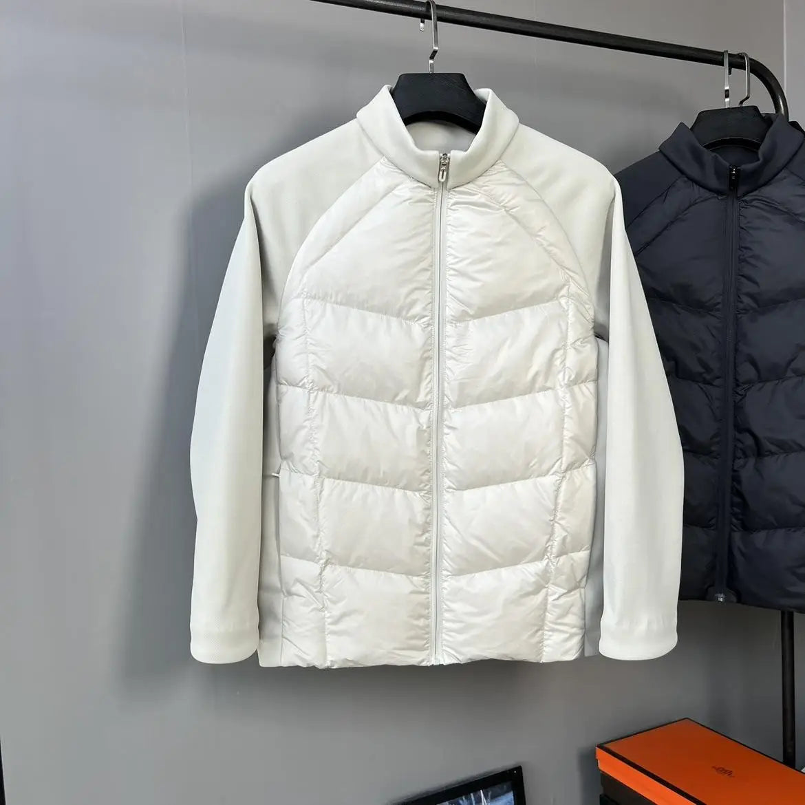 90 white duck down three-proof fabric men's down jacket, stand-up collar knitted patchwork sports outdoor winter coat