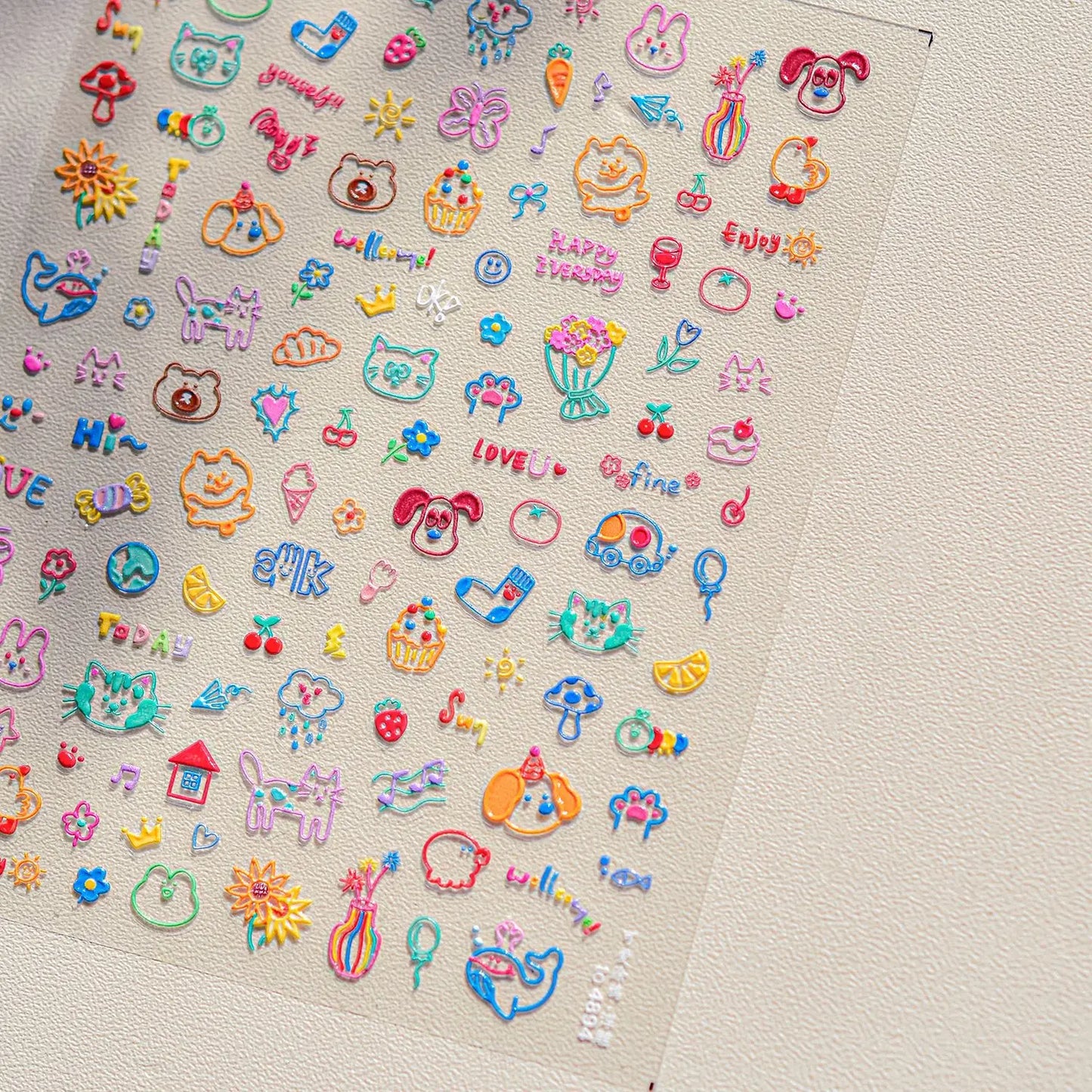Lovely Animal Graffiti Cat Claw Rabbit Bunny Bear Dog Flower Fruit Dim Sum Candy Sunflower Adhesive 5D Nail Art Stickers Decal