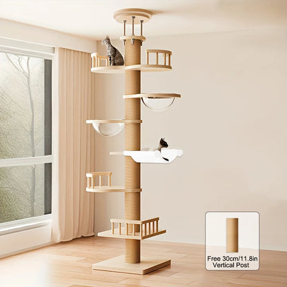 1PC Floor-to-Ceiling Sisal Cat Tree, Multi-Level Design with Hammock, Space Capsule & Observation Perch, Indoor Cat Toy