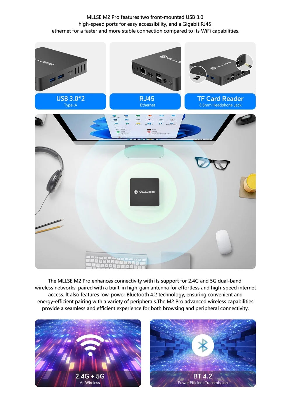Mini PC MLLSE M2 Pro, processor Intel J3710, 8 GB RAM, ROM Go, Wi-Fi 5, BT 4.2, Windows 10 miniature desk computer