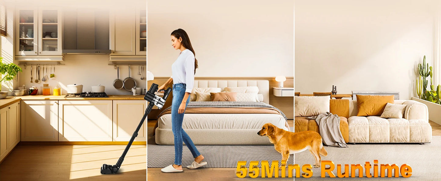 Cordless Vacuum Cleaner, 55Kpa/55min Self-Standing Powerful Stick Lightweight Vacuum Cleaner for Home Pet Hair/Hard Floor/Carpet