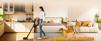 Cordless Vacuum Cleaner, 55Kpa/55min Self-Standing Powerful Stick Lightweight Vacuum Cleaner for Home Pet Hair/Hard Floor/Carpet