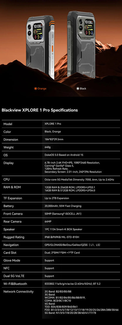 Blackview XPLORE 1 Pro 5G Thermal Imaging Rugged Phone with 6.78" 120Hz Main & 2.01" Secondary Display 20000mAh & 170LM Flashlight