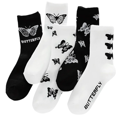 3/6/7 Pairs of Women Mid Length Stockings Set in Black And White With Butterfly Pattern Popular and versatile Sweat Absorption