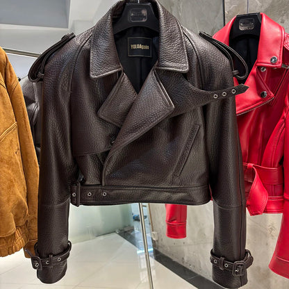 YOLOAgain Wide Shoulder Real Leather Jacket Women Oversized Genuine Leather Cropped Jacket