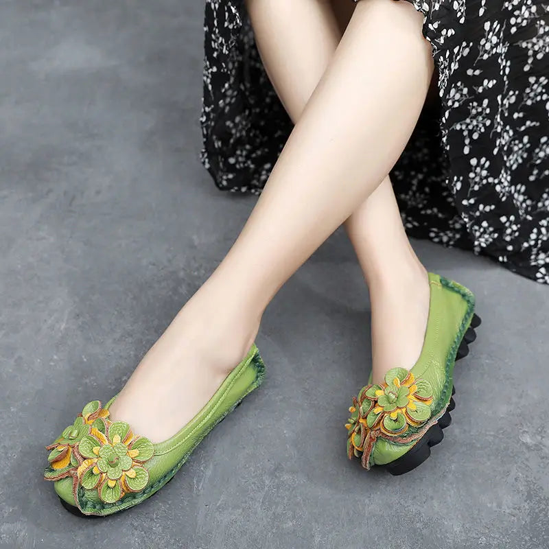 Vintage Flower Moccasins Woman Genuine Leather Ballet Flats Ladies Hollow Slip Ons Women's Luxury Loafer Purple Walking Shoes 42