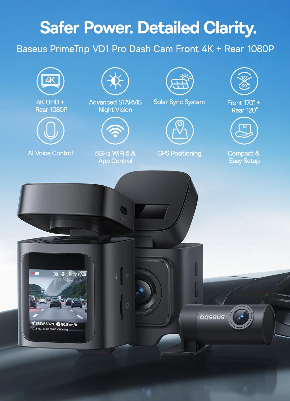 Baseus 4K Dash Cam VD1 Pro Front and Rear UHD Car Camera for SONY Sensor Supercapatior Night Vision WiFi6 DVR Video Recorder