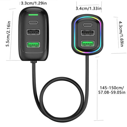 6-Ports USB Type-C Front And Rear Extension Car Charger With RGB Light PD Fast Charging Power Adapter For Iphone Tablet