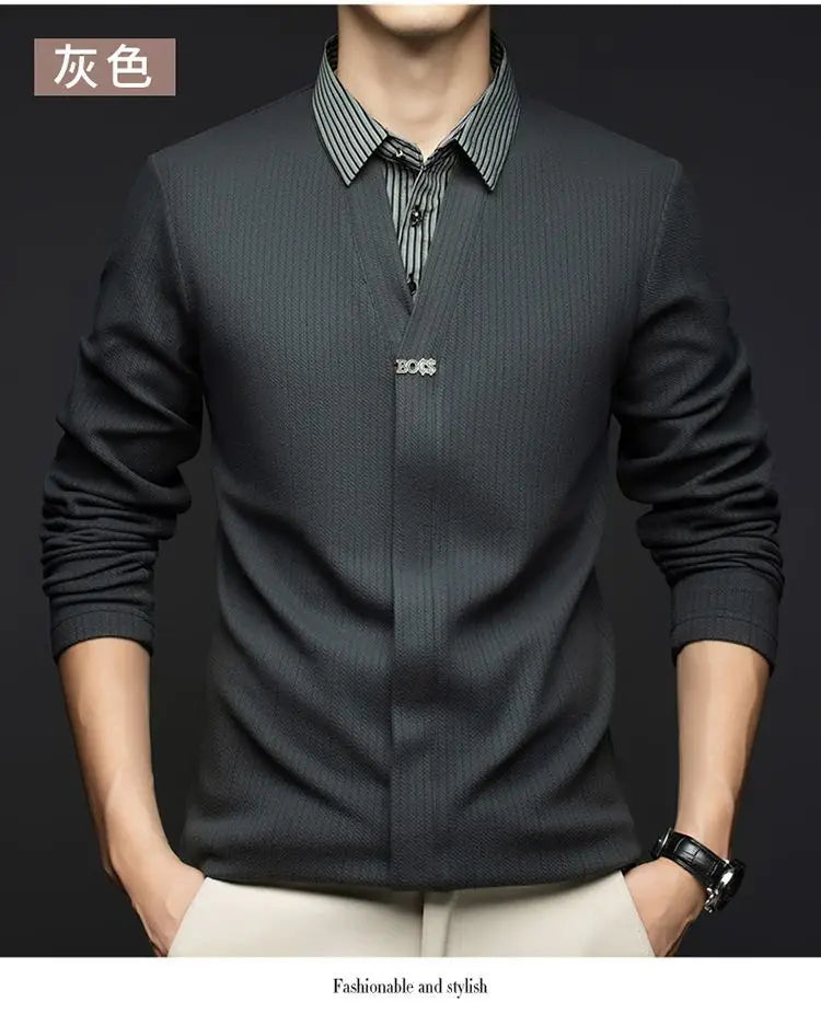 Autumn Winter Fake Two Sweaters Knitted Business Fashion Turn-down Collar Thermal Long Sleeve Men Patchwork All-match Pullover