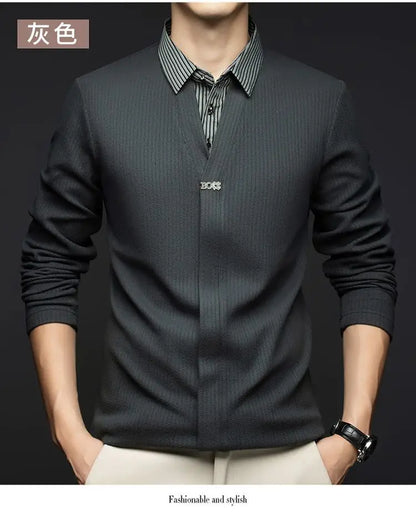 Autumn Winter Fake Two Sweaters Knitted Business Fashion Turn-down Collar Thermal Long Sleeve Men Patchwork All-match Pullover