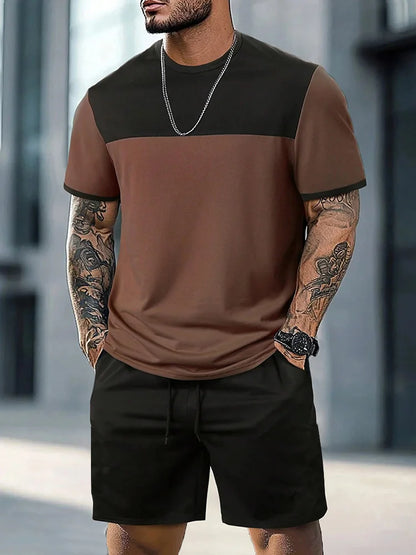 New European & American Style Men's Summer Loose-Fit Set Men's Crew Neck Short-Sleeve Top & Athletic Casual Shorts Two-Piece Set
