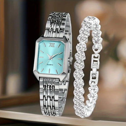 2PCS/Set Fashion Rectangle Women Quartz Watch Ladies Roma Dial Wristwatches Rhinestone Bracelet Set Reloj Mujer Girls Clock Gift