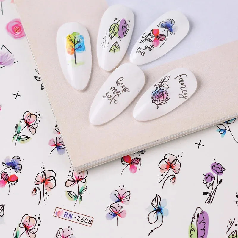 12Spring and Summer Water Transfer Ink Floral Nail Sticker Set Contains Blooming Flowers and Green Leaves Graffiti Slider Nail