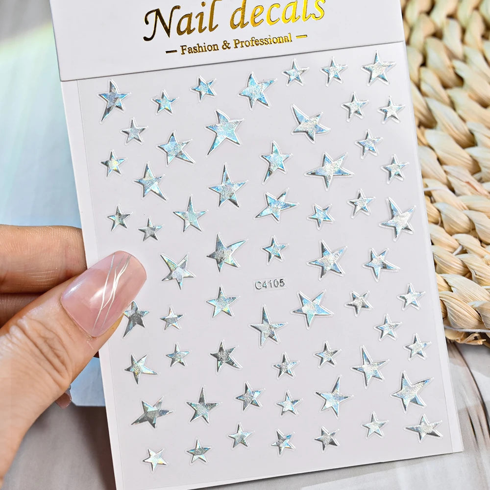 3D Bronzing Laser Silver Irregular Star Nail Decals Metallic Effect Silver Pentagram Nail Decals Adhesive Nail Art Star Stickers