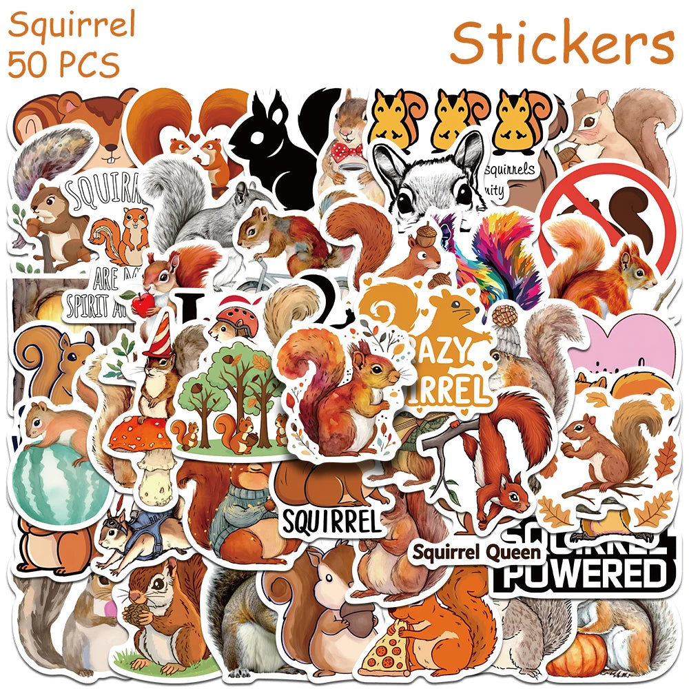 50pcs Cartoon Cute Squirrel Stickers Decals For Laptop Scrapbook Skateboard Helmet Guitar DIY Aesthetic Waterproof Stickers