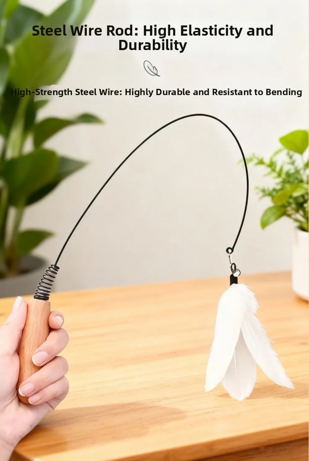Wooden Handle Spring Teasing Cat Stick Feather Simulation Fishing Rod Cat Teaser Stick Interactive Replaceable Bell Squeaky Cat