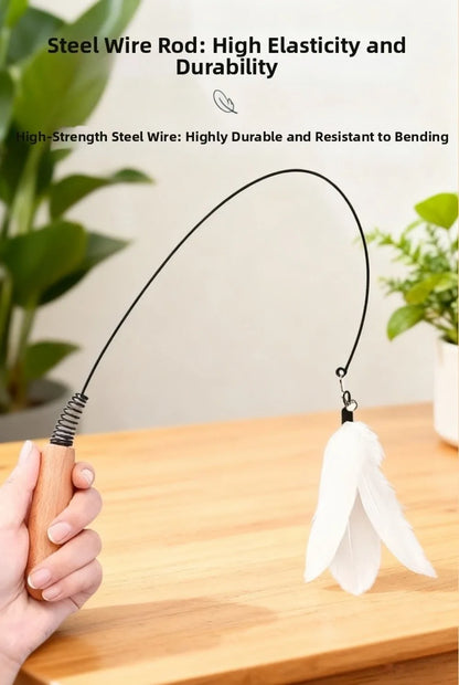 Wooden Handle Spring Teasing Cat Stick Feather Simulation Fishing Rod Cat Teaser Stick Interactive Replaceable Bell Squeaky Cat