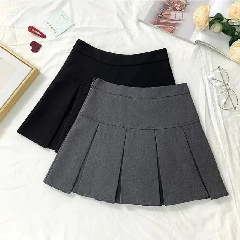 2025 New Black and Grey Pleated Skirt Women High Waist Mini Vintage Solid Skirts Korean Fashion School Uniform Streetwear