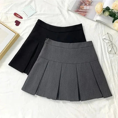 2025 New Black and Grey Pleated Skirt Women High Waist Mini Vintage Solid Skirts Korean Fashion School Uniform Streetwear