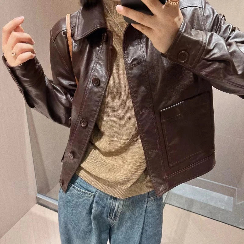 British Style Lapel Genuine Leather Jackets for Women Fashion Single-breasted Pockets Female Brown Casual Short Sheepskin Jacket