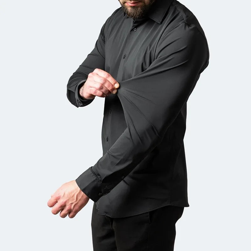 Men's long-sleeved shirt made of elastic fabric, wash-and-wear wrinkle-resistant business casual, silky smooth, pure color shirt
