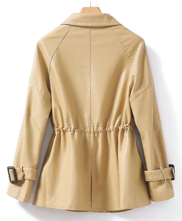 M-4XL Women's Sheepskin Coat Fashion Khaki Zipper Elastic Waist Female Long Sleeve Casual Loose Split Leather Jackets 2024 New