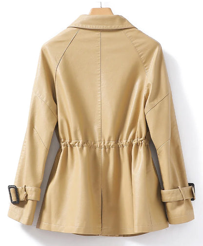 M-4XL Women's Sheepskin Coat Fashion Khaki Zipper Elastic Waist Female Long Sleeve Casual Loose Split Leather Jackets 2024 New
