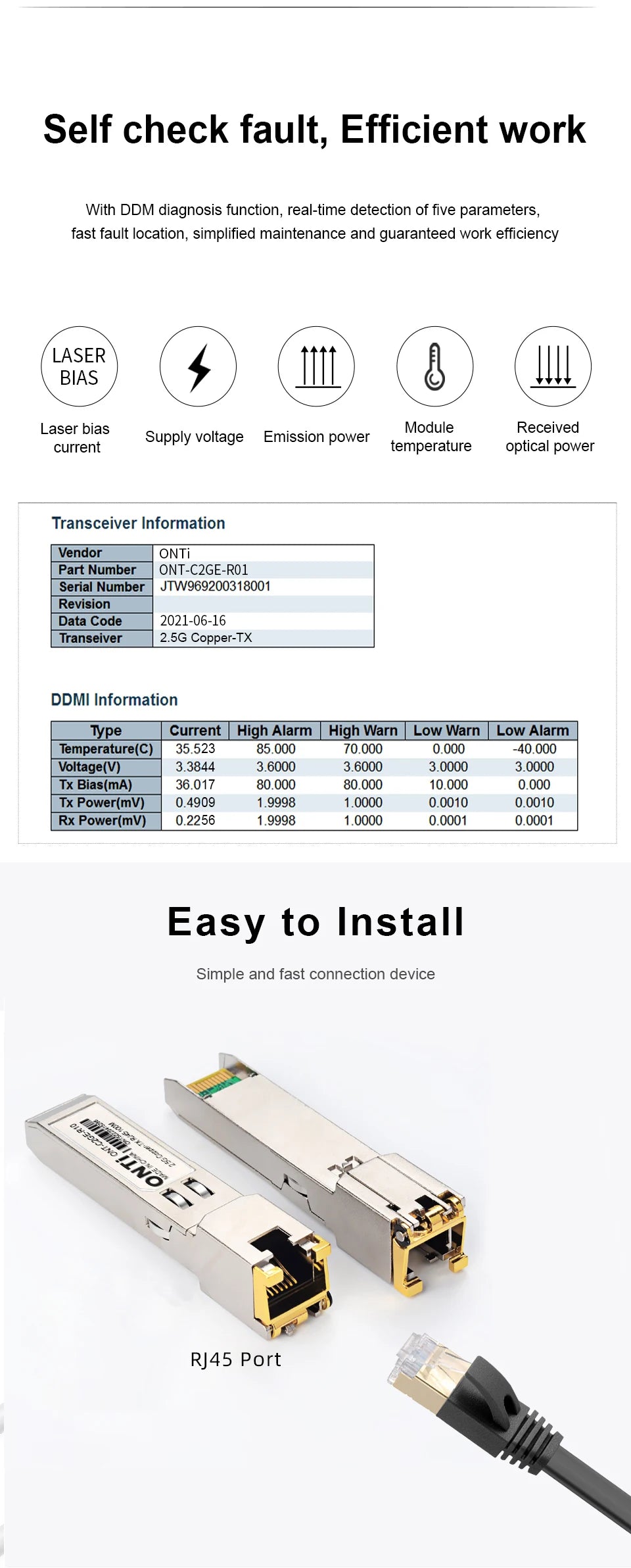 ONTi 2.5G RJ45 SFP Module 2.5Gbps SFP Copper RJ45 SFP Transceiver Module Compatible with Cisco/Mikrotik Ethernet Switch