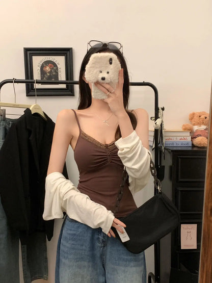 Pure Desire Sexy Lace Splice Strap Vest Women's Inner Wear Slimming Matching Top Trendy Tube Top Cotton Blend Elastic Fiber