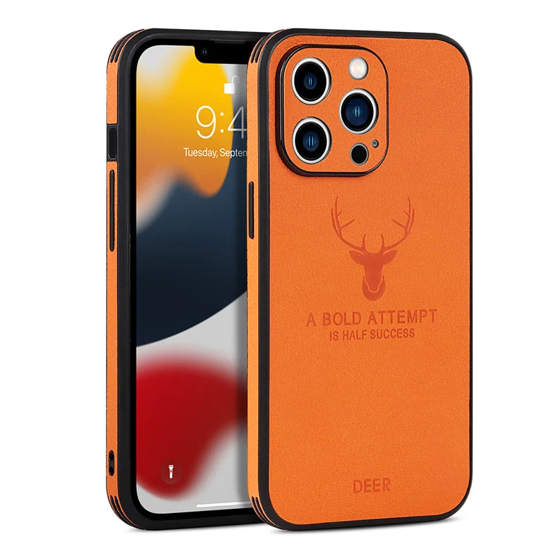 Luxury Business Leather Bumper Case For iPhone 17 Air 16 15 14 13 12 11 Pro Max Mini Plus Shockproof Soft Deer Head Back Cover