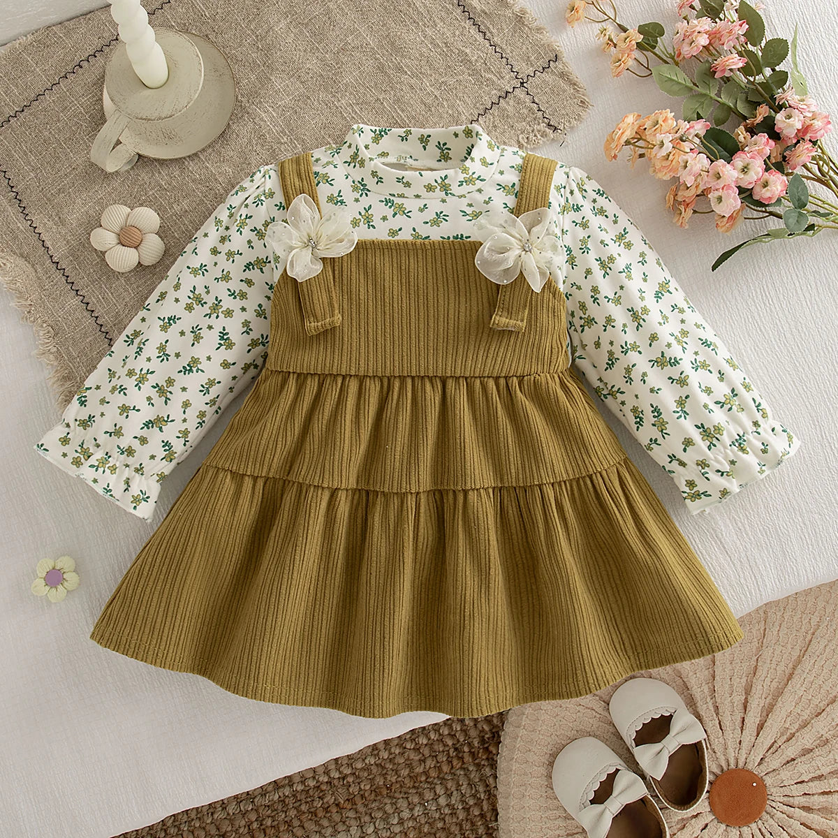 Retro Floral Print Toddler Baby Dress Long Sleeve Casual Outfit Baby Girls Daily Play Clothes Comfortable Baby Wear