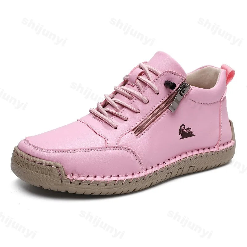 Women Sports Shoes 2026 New Outdoor Hiking Flat Bottomed Comfortable Casual Driving Shoes Soft Sole Zipper Fashion Leather Shoes