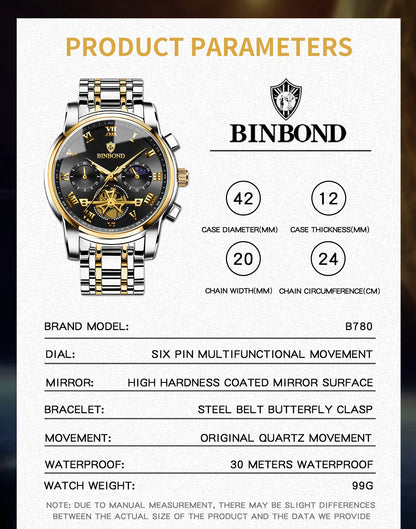 BINBOND Chronograph Men's Watches Accurate Quartz Watch For Men Luxury Luminous Waterproof StopWatch Durable Reloj