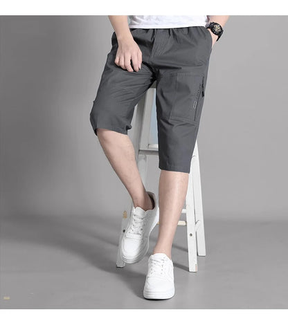 Mens Cargo Shorts Knee Pants Zipper Pocket Summer Cotton Shorts Climbing Jogger Elastic Waist Sports Wear