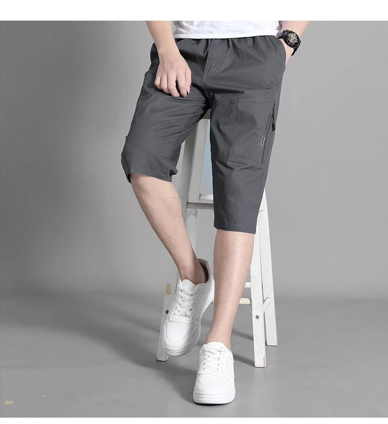 Mens Cargo Shorts Knee Pants Zipper Pocket Summer Cotton Shorts Climbing Jogger Elastic Waist Sports Wear