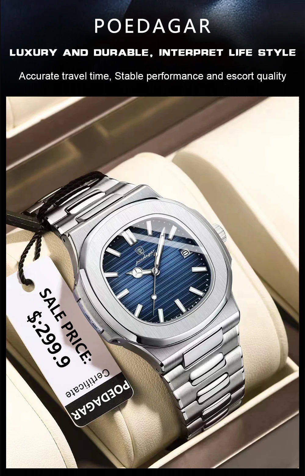 POEDAGAR Luxury Brand Men's Quartz Wristwatch Stainless Steel Waterproof Luminous Date Man Clock Square Business Watches For Men