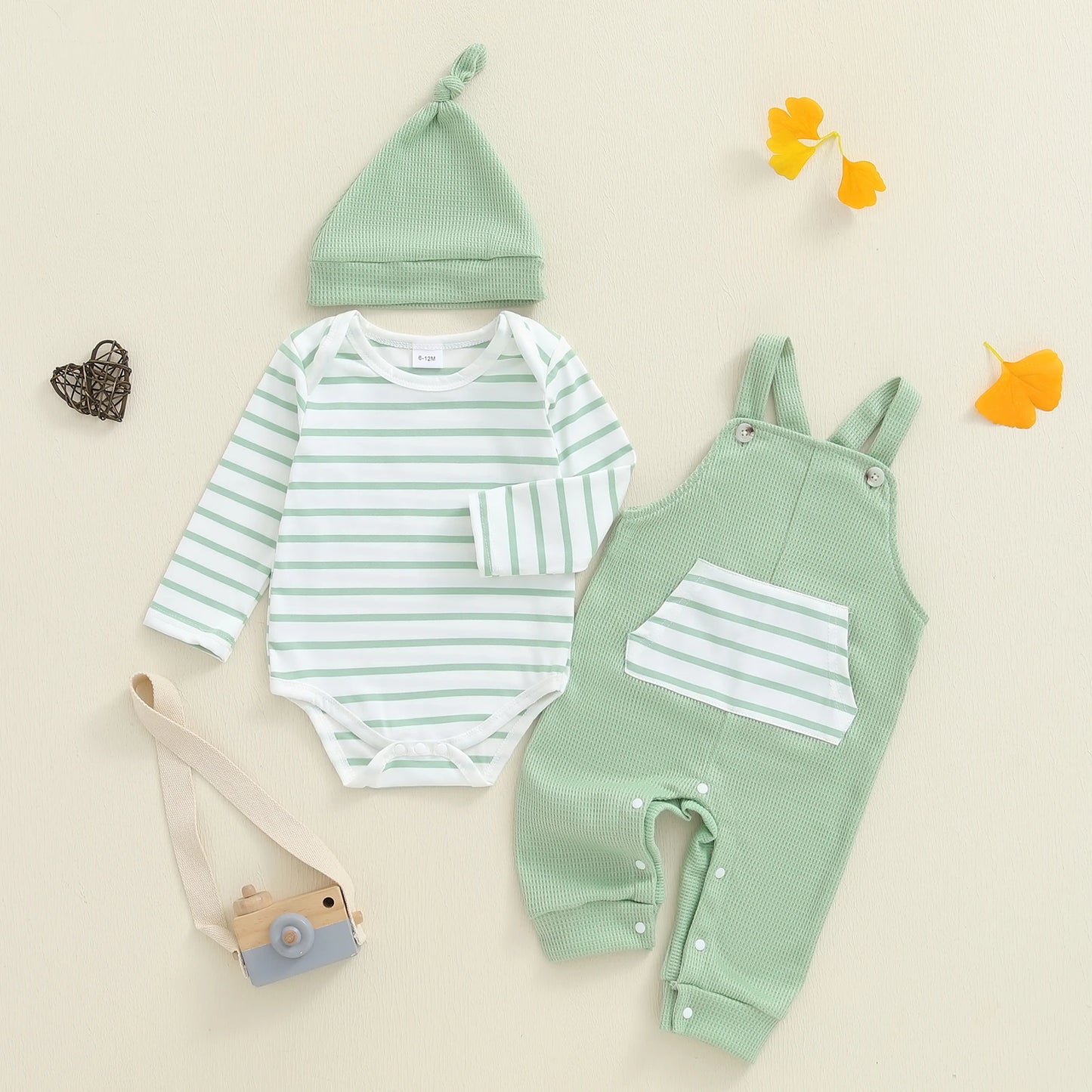 Newborn Baby Boy Fall Winter Clothes Striped Long Sleeve Romper Overall Pants Hat 3Pcs Set Cute Coming Home Outfit