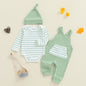 Newborn Baby Boy Fall Winter Clothes Striped Long Sleeve Romper Overall Pants Hat 3Pcs Set Cute Coming Home Outfit