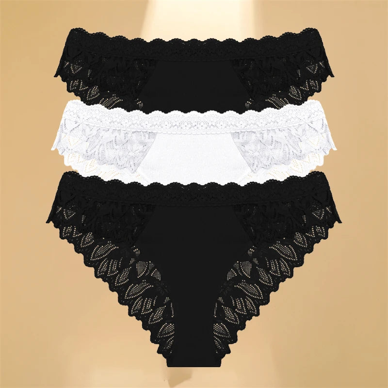 FINETOO 3Pcs Lace Hollow Out Underwear for Women Sexy Low-Waist Floral Briefs Female Invisible Breathable Lingerie Soft Intimate