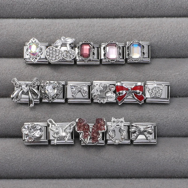 Y2K Butterfly Bow Knot Heart Star Moon Zircon Daisy Cross Italian Charm Links Fit 9mm Stainless Steel Bracelet DIY Making Gifts