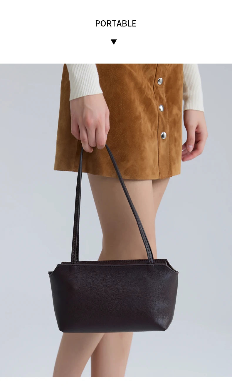 Luxury Women's Genuine Cowhide Leather Mini Shoulder Tote Bag Pebbled Leather Long Strap Underarm Handbag Minimalist Daily Purse