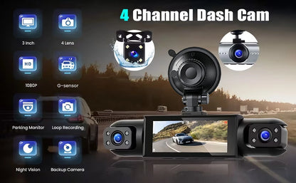 Dash Cam Vehicle DVR Video Recorder 4 Cameras for Cars Black Box Front Rear Internal Night Vision Loop Recording Dashcam Car 360